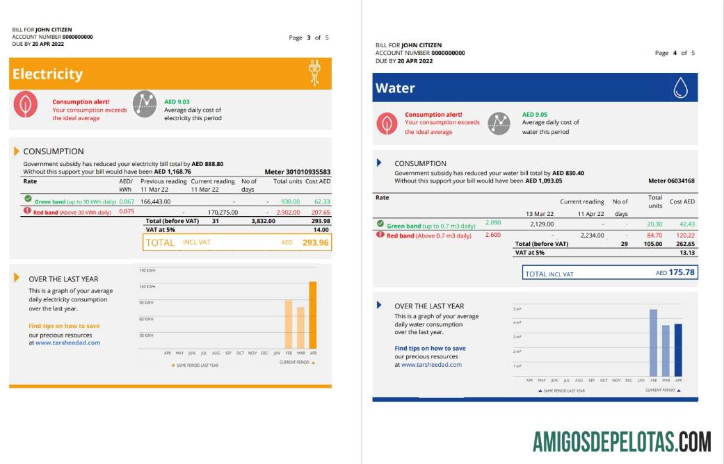 Em branco modelo de conta de serviços públicos em Word e PDF dos Emirados Árabes Unidos Dubai Al Ain Distribution Co. (5 páginas) .3 4